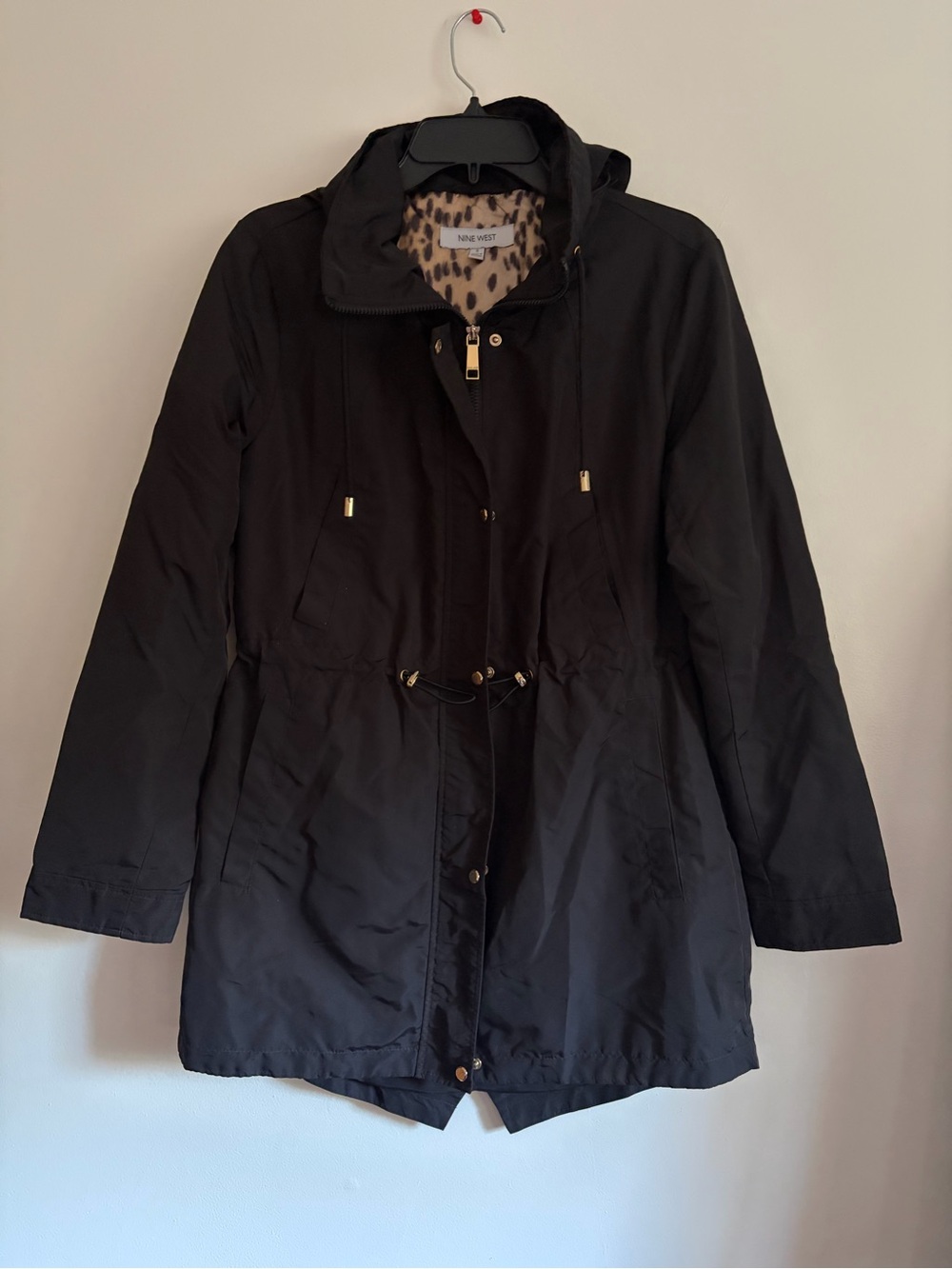 Nine West Black Hooded Trench Coat with Leopard Lining